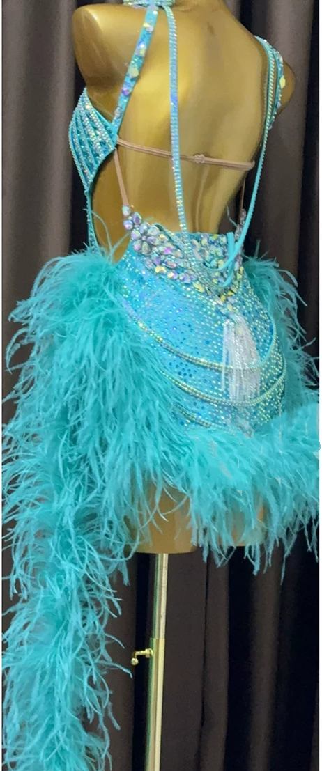 Custom Turquoise Latin Dance Dress with Crystals & Feathers