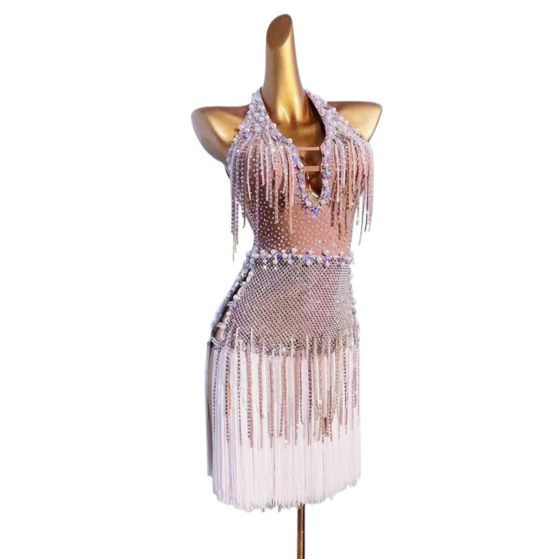 Custom Size Flesh  Competition Latin Dance Dresses for Women Salsa Rumba Blackpool Dance Costumes