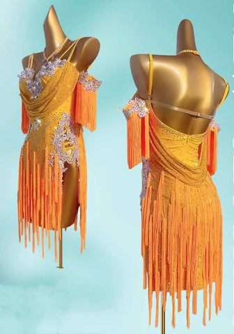 Custom size orange Latin Dance competition dresses for girls kids Adult Art Examination Blackpool salsa rumba chacha solo dance costumes - Moderndancedress.com