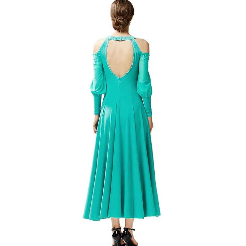 Mint Black Hollow Shoulder Ballroom Dance Dresses for Women Girls Waltz Tango Smooth Dance Long Gown - Moderndancedress.com