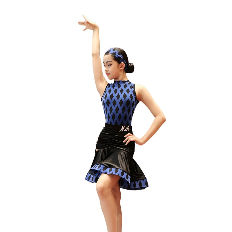 Children's Blue Hot Pink Plaid Latin Dance Dresses for Girls Kids Salsa Rumba Cha Cha Jive Latin Dance Swing Skirt - Moderndancedress.com