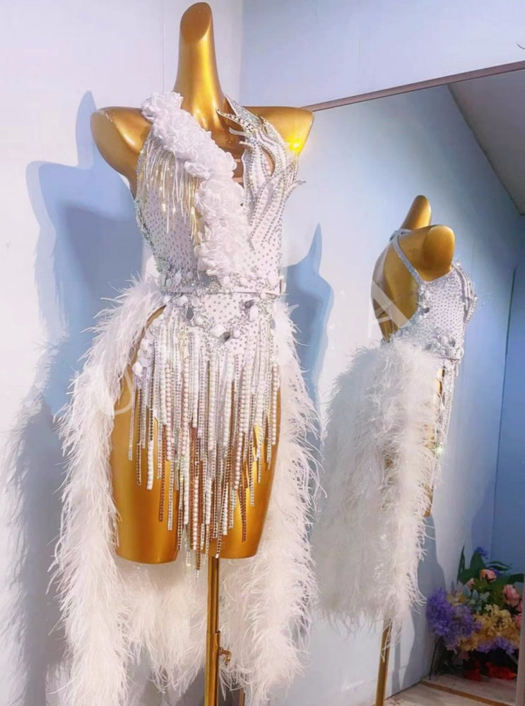 Custom Size White Feather Competition Latin Dance Dresses Salsa Chacha Blackpool Dance Wear Tuxedo Skirt