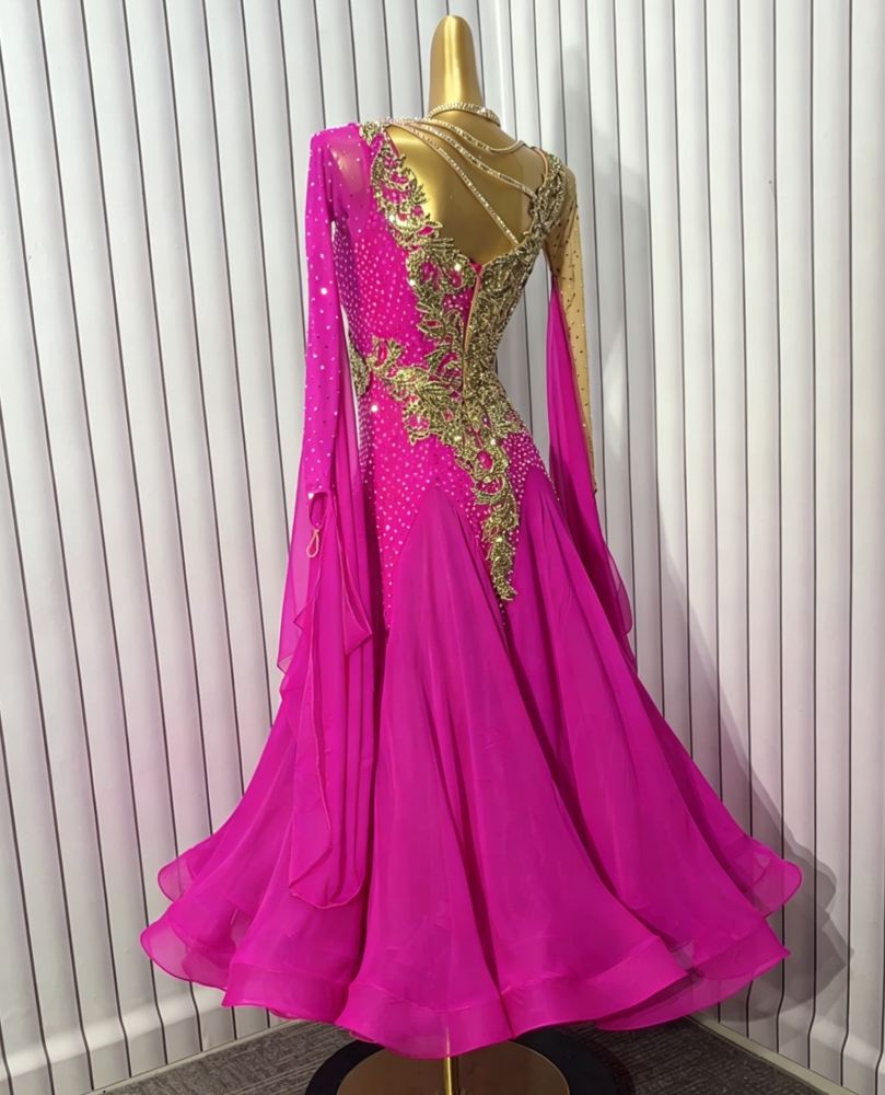 Customized Fuchsia with Gold Competition Ballroom Dance Dress Waltz Tango Foxtort Rhythm Dance Gown