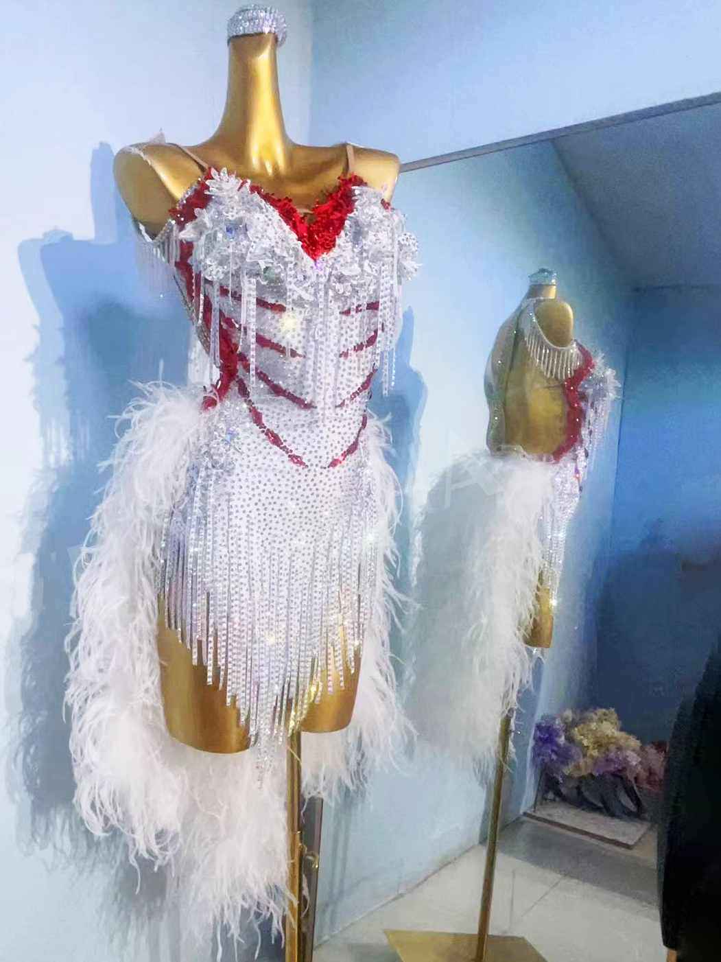 Custom Size Competition White Pink Feather Latin Dance Dresses for Women Salsa Rumba Chacha Blackpool Dance Costumes