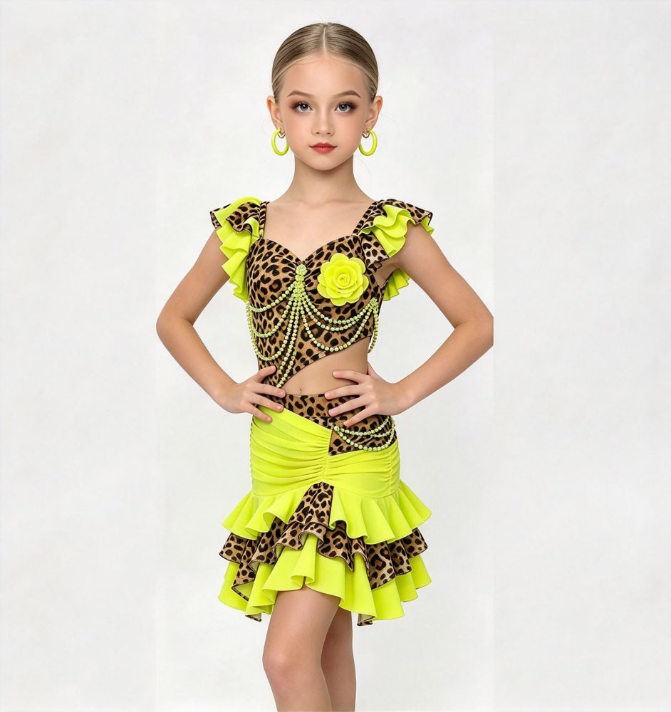 Girls Leopard Flower Latin Competition Dress Neon Yellow Ruffle Salsa Dance Costume