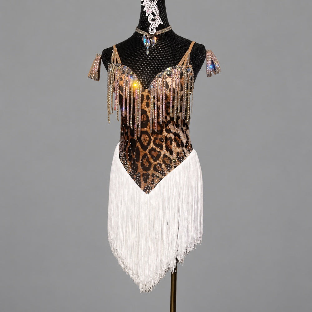 Custom Leopard with White Latin Dance Competition Dresses with Bling Fringe