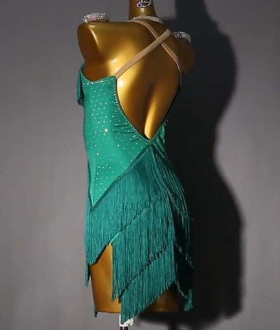 Professional Dark Green Fringe Latin Dance Competition Dresses for Women Girls Salsa Rumba Cha Cha Samba Performance Floral Costume Solo