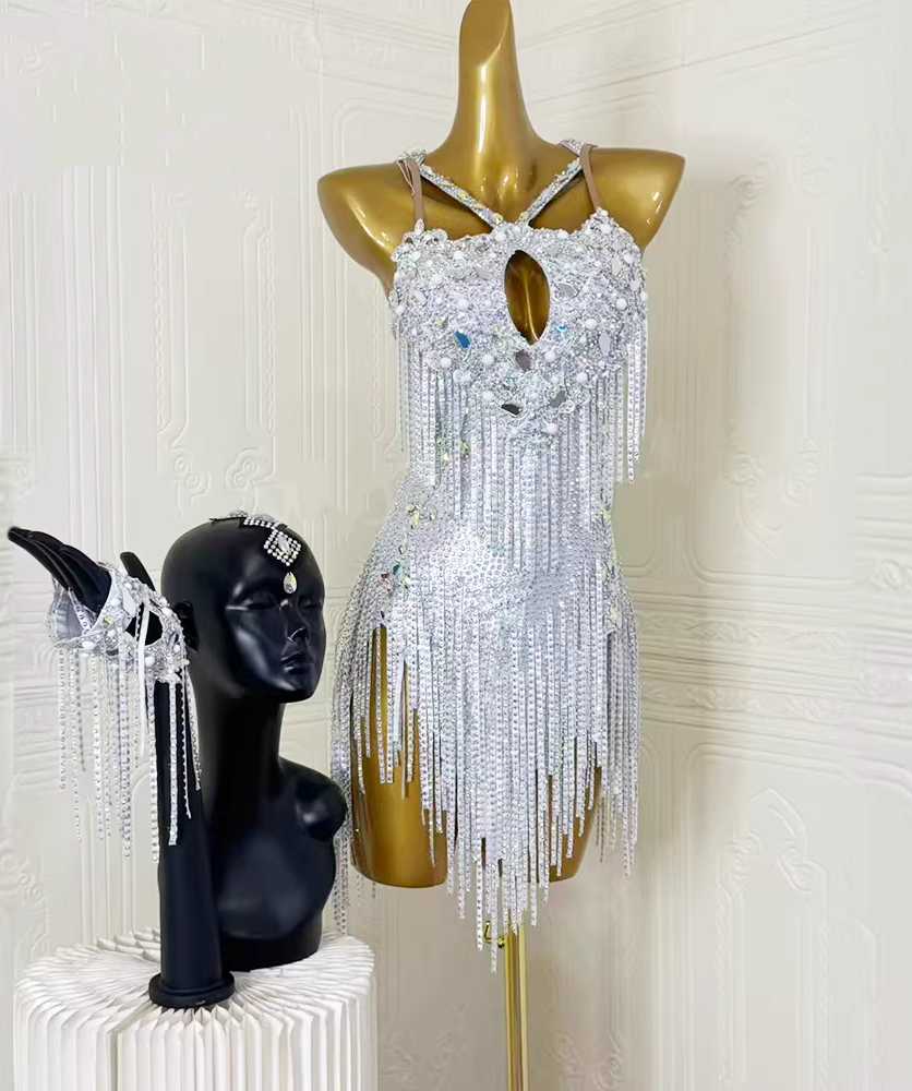 Custom Size Silver Fringe Latin Dress for Women Salsa Ballroom Performance Costumes