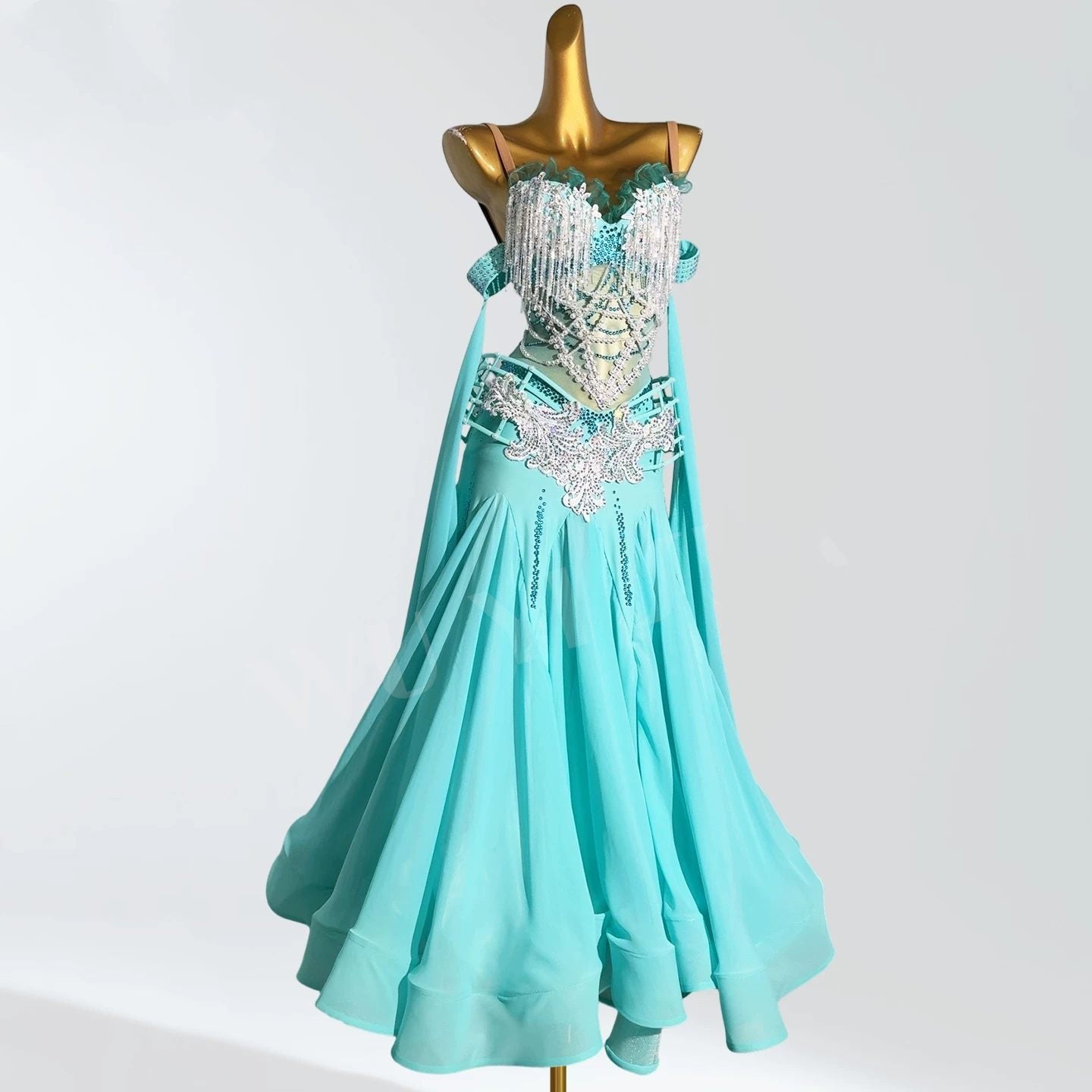 Custom Size Fuchsia Rhinestone Ballroom Dance Dress - Fringe Waltz Tango Performance Gown Blue