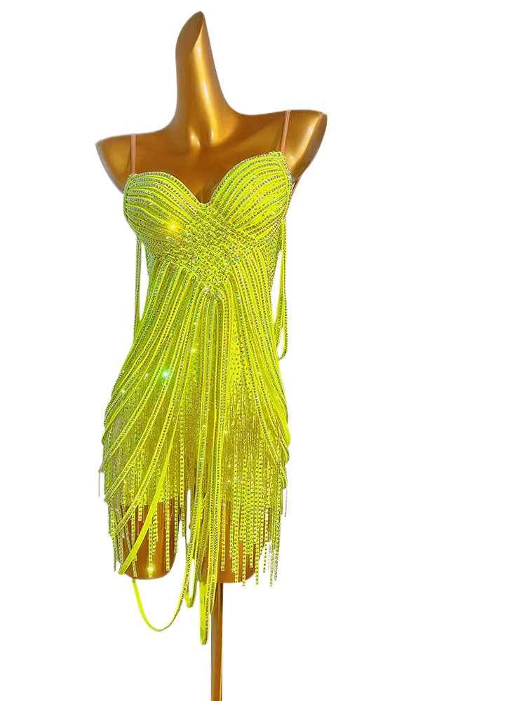 Custom Size Yellow Flesh Competition Latin Dance Dresses for Women Girls Salsa Chacha Performance Costumes