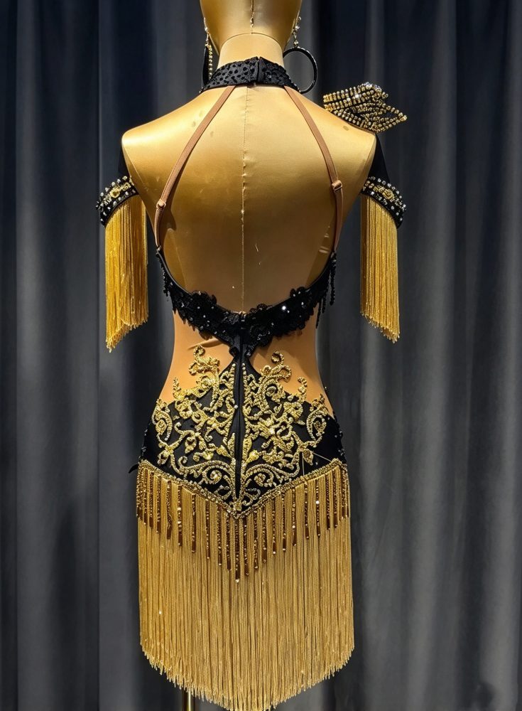 Custom Size Black & Gold Fringe Latin Dance Dress with Pearls