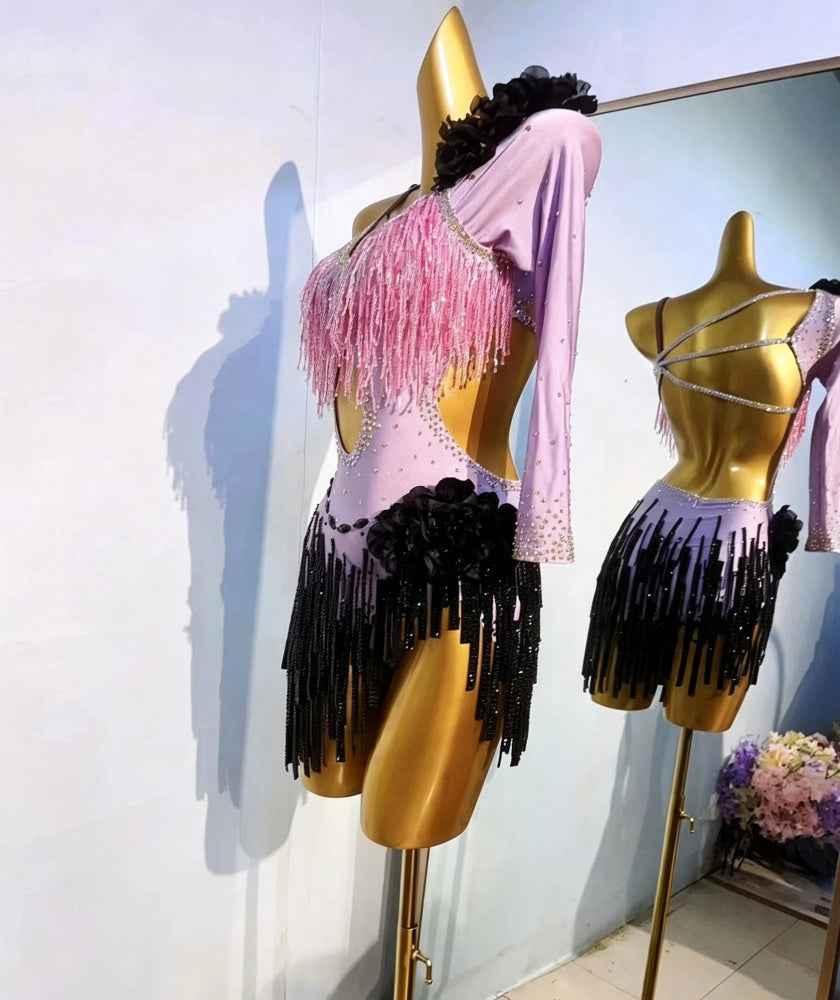 Custom Size Competition Rhinestone Latin Dance Dress Turquoise Fuchsia Bling Fringe