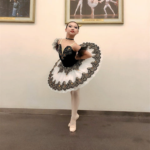 Children Girls professional white with black tutu skirt Swan Lake ballerina pancake pettiskirts classical ballet dance dress for kids ballet stage costumes - Moderndancedress.com