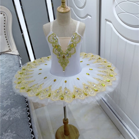 Children Girls white pink ballet dance dress tutu skirt with gold gemstones cygnet dance pettiskirt skirt Swan Lake professional ballerina performance dress - Moderndancedress.com