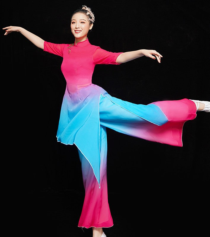 Chinese Classical folk dance costume female pink with blue Chinese style solo dance modern fan umbrella dance yangko costume ethnic dance costume