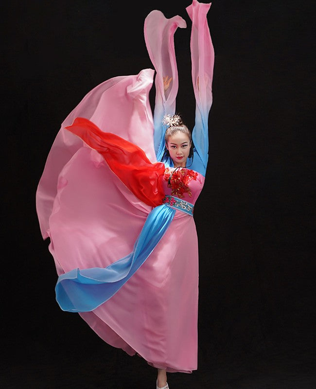 Chinese folk Classical dance costumes Female Plucking Dance Costume Hanfu Chinese waterfall Sleeve Thrilling classical Dance fairy dresses - Moderndancedress.com
