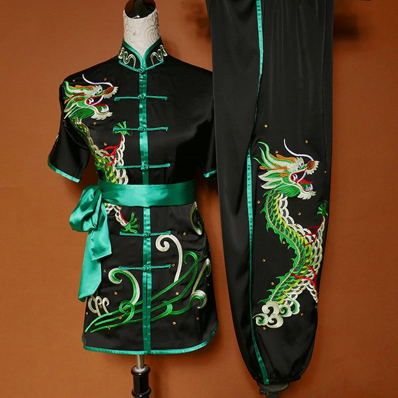 Custom size black with green Martial art Wushu competition Stage performance for adult kids taichi chinese dragon kungfu uniforms for women men - Moderndancedress.com
