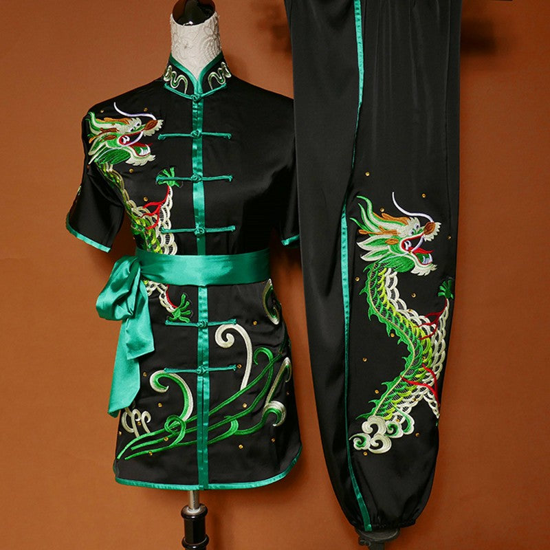 Custom size black with green Martial art Wushu competition Stage performance for adult kids taichi chinese dragon kungfu uniforms for women men