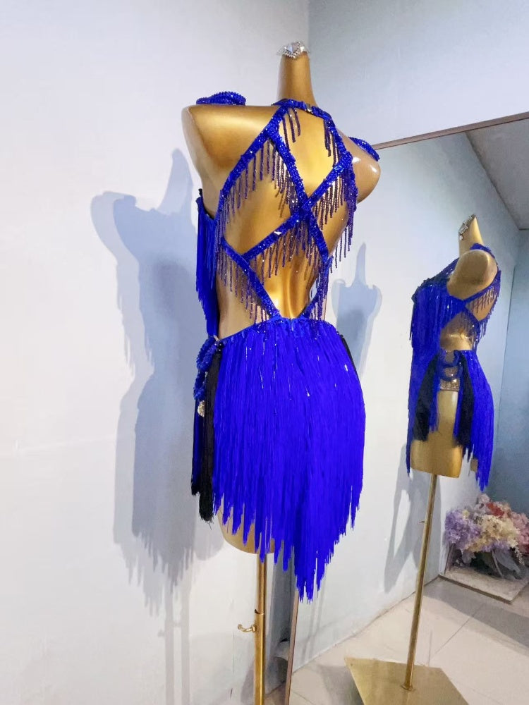Custom Size Royal Blue Latin Dance Dresses Competition Salsa Rumba Blackpool Latin Dance Costumes