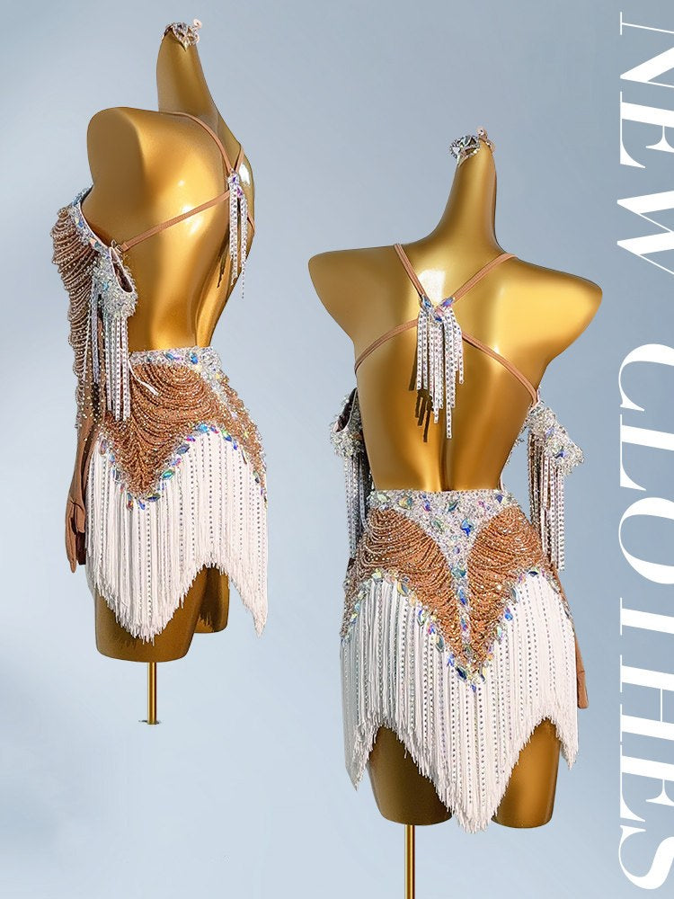Custom Size Dark Flesh Competition Latin Dance Dresses for Women Girls Salsa Rumba Chacha Performance Costumes