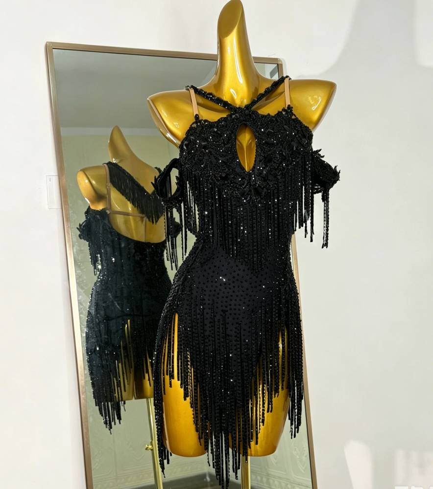 Custom Size Black Bling Fringe Competition Latin Dance Dress Salsa Chacha Dance Costume