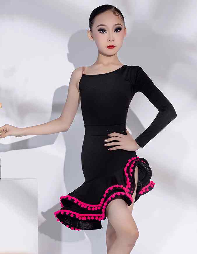 Slant Neck Black with Pink Latin Dance Dresses for Girls Kids Ballroom Salsa Chacha Latin Performance Costumes for Children - Moderndancedress.com