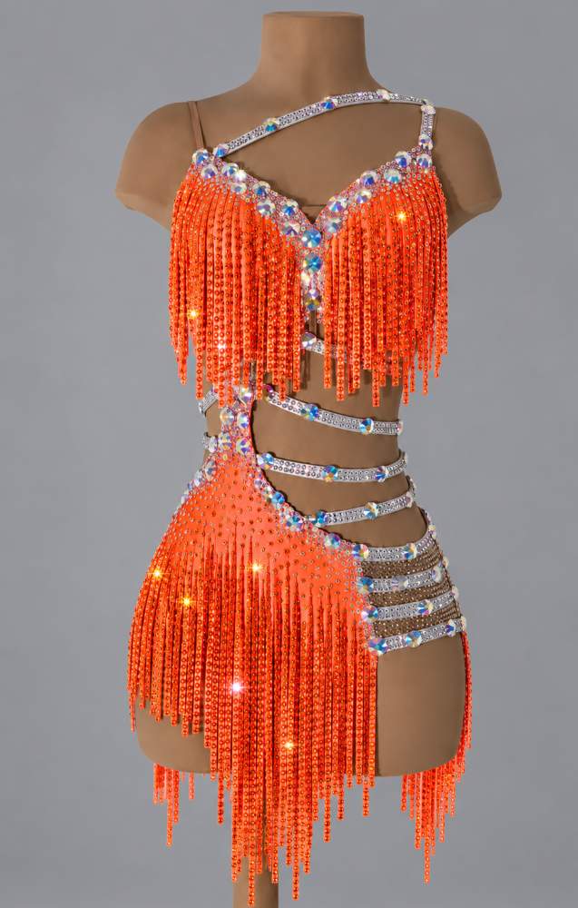 Custom Orange Aqua Blue Latin Dance Dress Competition Crystal Salsa Rhythm Gown