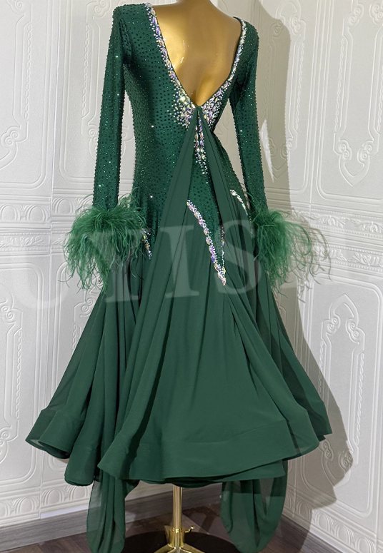 Custom Size Dark Green Competition Ballroom Dance Dresses Feather Diamond Waltz Tango Performance Long Gown