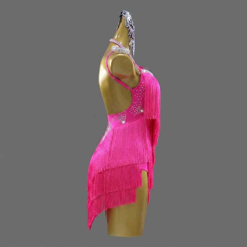 Custom Size Fuchsia Fringe Latin Dance Dress with Spaghetti Straps
