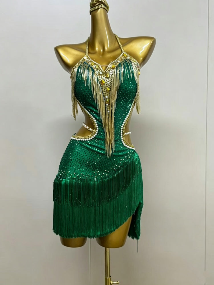 Custom Blue Orange Latin Dance Dress with Gold Fringe & Crystals
