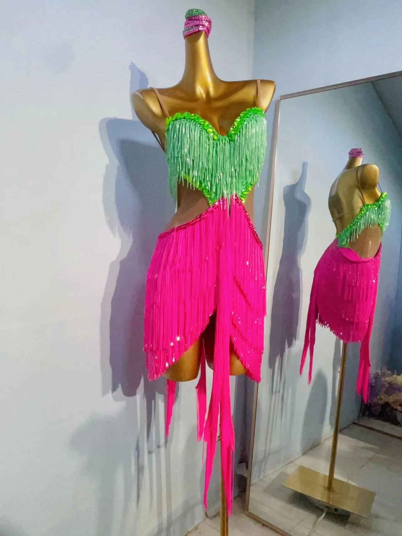Custom Size Fuchsia with Green Crystal Fringe Competition Latin Dance Dress Blackpool Dance Wear