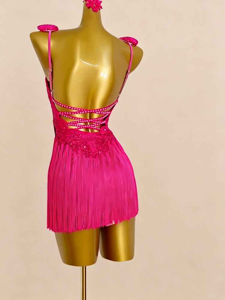 Custom Size Fuchsia Fringe Latin Dance Dress Salsa Rumba Chacha Performance Costumes