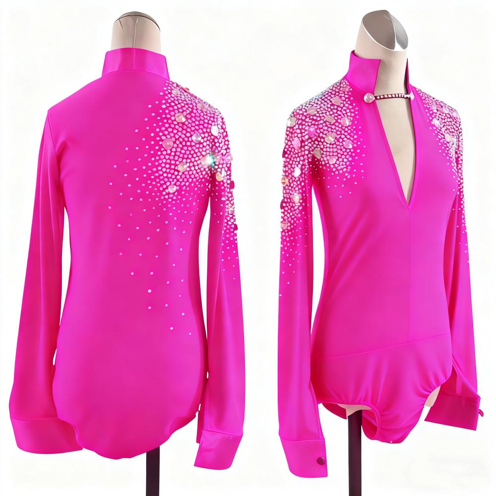 Custom Size Men's Latin Dance Shirts Pink Black Diamond Boys Professional Ballroom Waltz Tango Flamenco Chacha Dancing Body Shirt