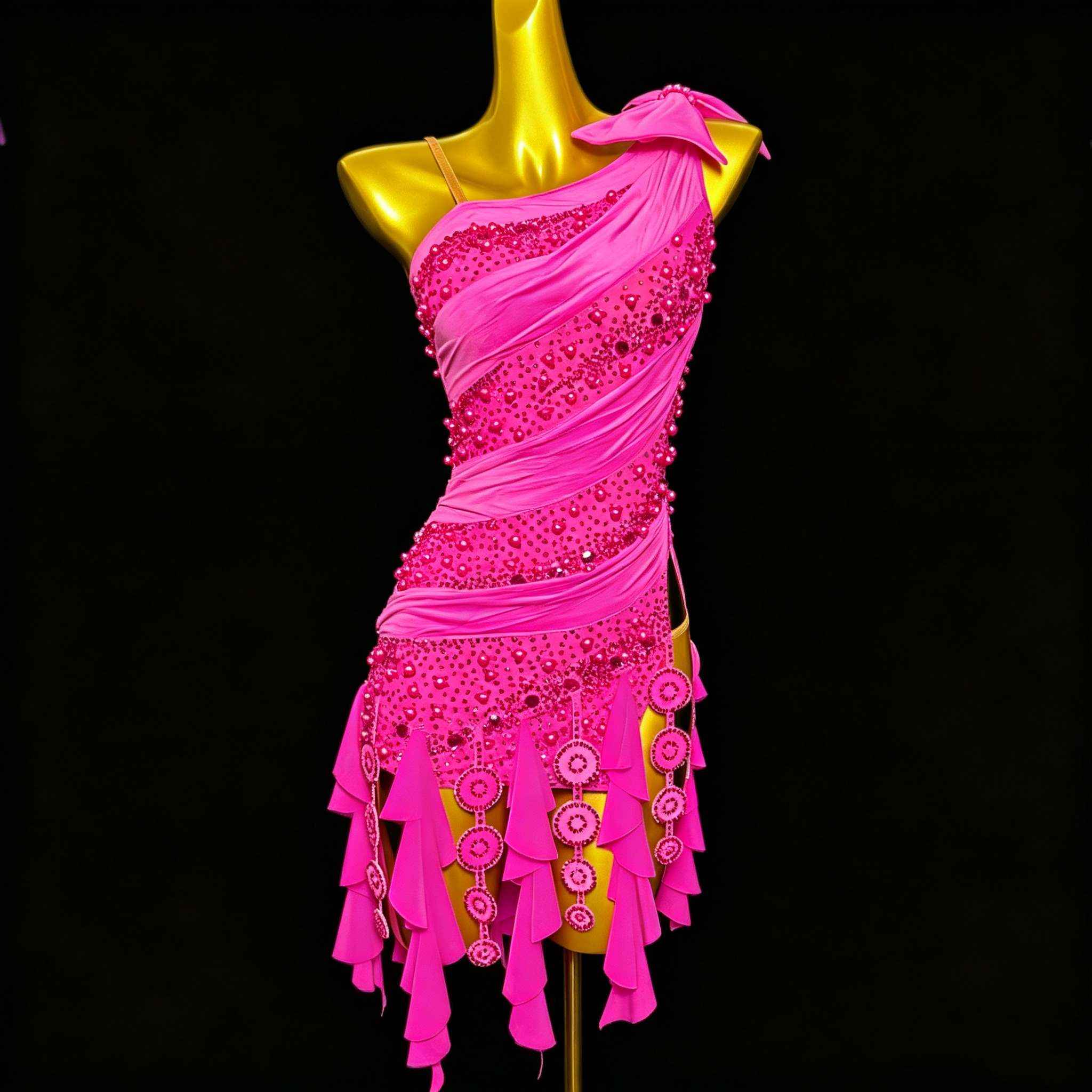 Custom Professional Fuchsia Latin Competition Dress - Blue Crystal Ruffle Gown