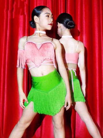 Pink with green fringe competition Latin dance dresses for girls professional  latin salsa rumba performance costumes - Moderndancedress.com