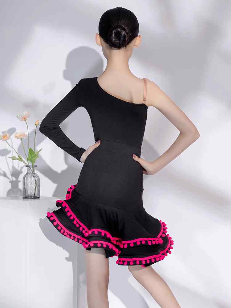 Slant Neck Black with Pink Latin Dance Dresses for Girls Kids Ballroom Salsa Chacha Latin Performance Costumes for Children - Moderndancedress.com
