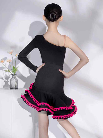 Slant Neck Black with Pink Latin Dance Dresses for Girls Kids Ballroom Salsa Chacha Latin Performance Costumes for Children - Moderndancedress.com