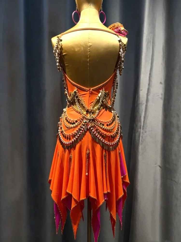 Custom Orange Gold Crystal Sparkling Latin Competition Dress Blackpool Salsa Dancewear
