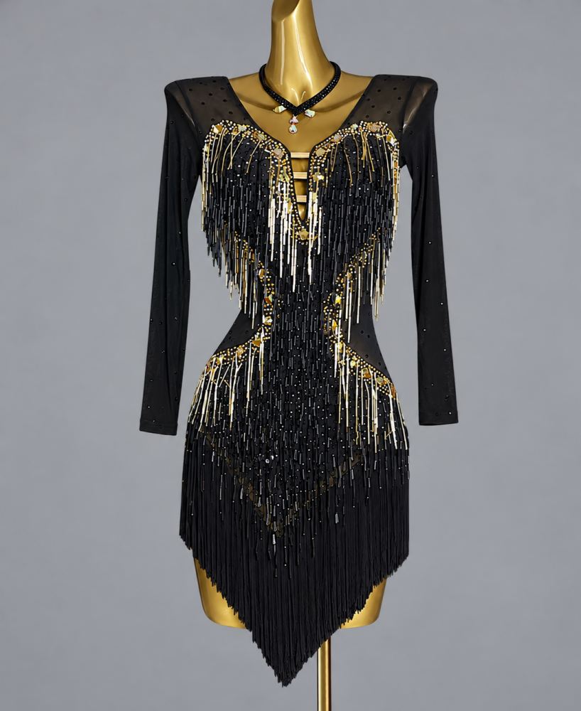 Custom Royal Blue Long Sleeve Latin Dance Dress with Gold Rhinestone Fringe