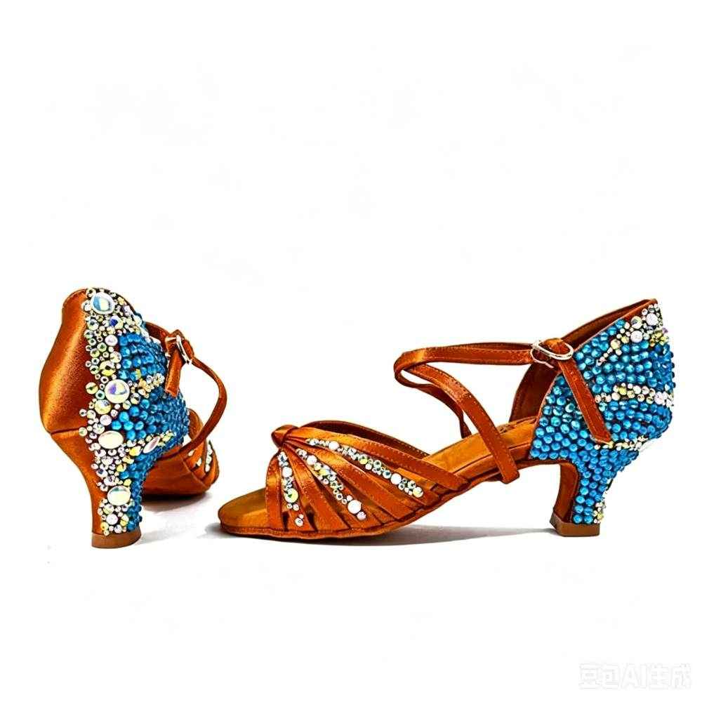 Women Bronze Latin Dance Shoes with Blue Crystals Soft Soles Salsa Rumba Chacha Sandals