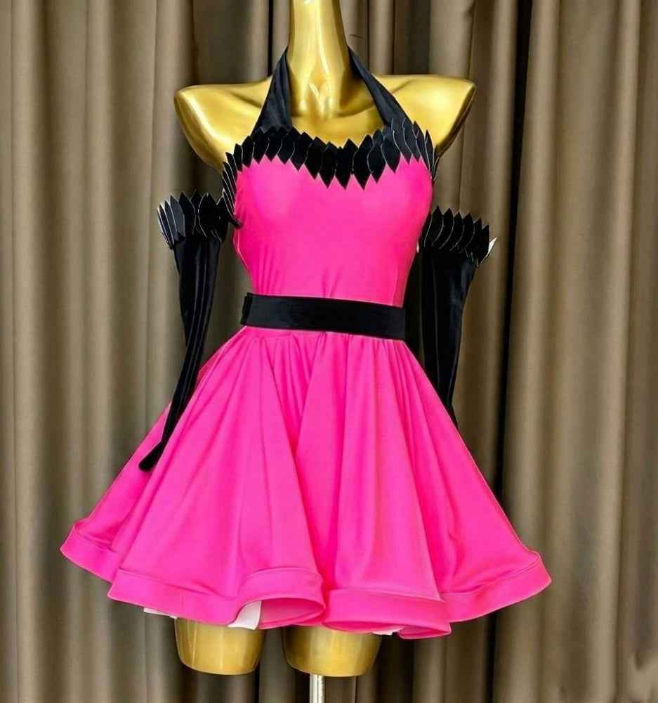 Custom Size Turquoise & Black Latin Dance Dress with Sleeves Hot Pink Salsa Dance Costume