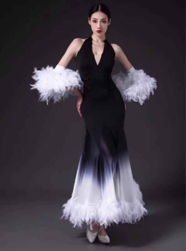 White Mint Green Feather Waltz Modern Ballroom Dance Dresses for Women Girls  Art Test National Standard Competition Foxtrot Smooth Dance Long Gown - Moderndancedress.com