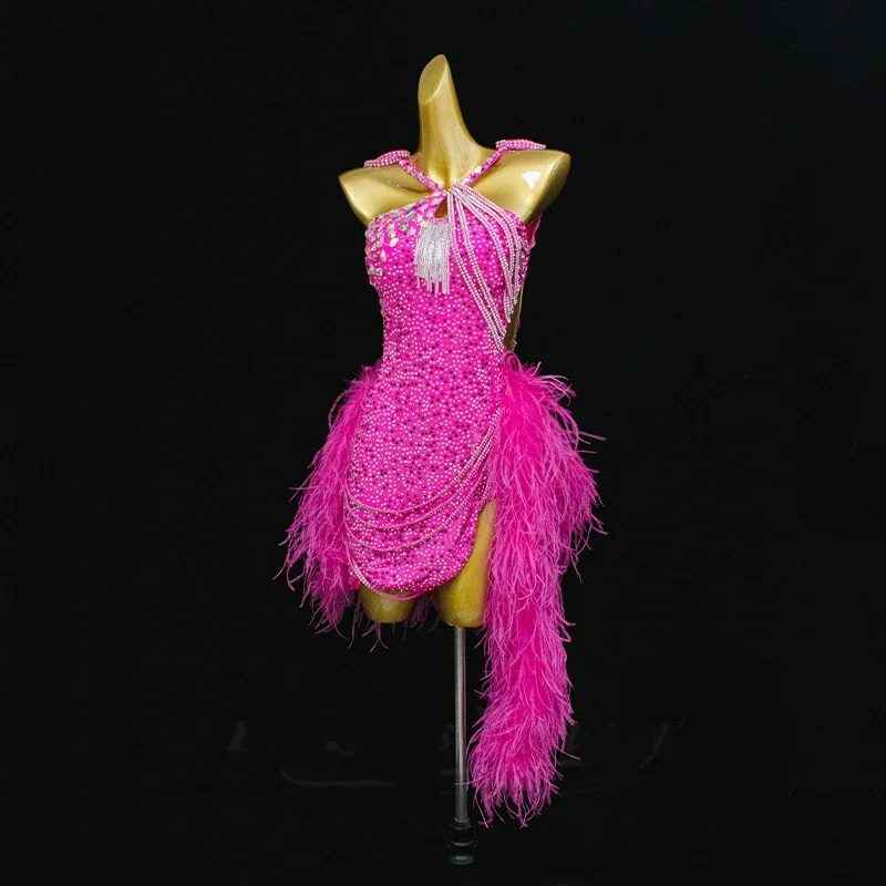 Custom Competition Feather Latin Dance Dress Royal Blue Red Fuchsia Pink Blackpool Salsa Samba Dance Clothes
