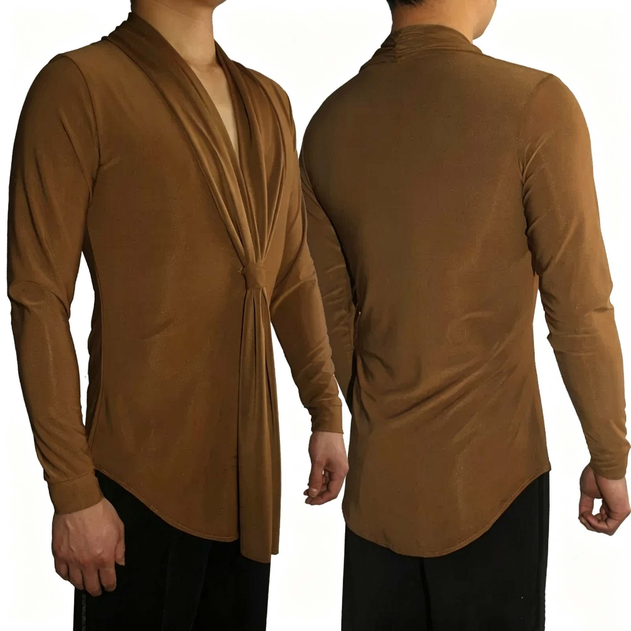 Men's Red Latin Dance Shirt - Deep V-Neck Long Sleeve Ballroom Top