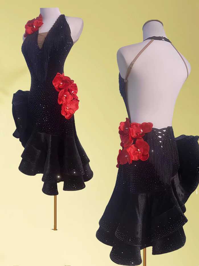 Custom size black with red flowers Latin Dance Competition dresses black gemstones bling salsa rumba chacha performance clothes - Moderndancedress.com
