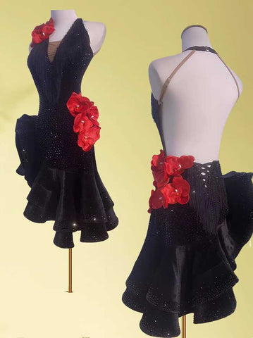 Custom size black with red flowers Latin Dance Competition dresses black gemstones bling salsa rumba chacha performance clothes - Moderndancedress.com