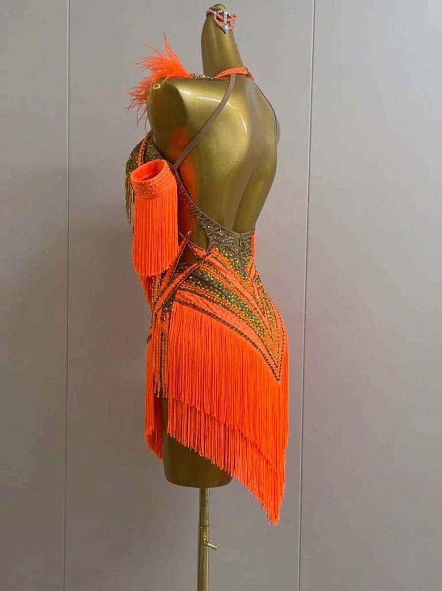 Custom Neon Yellow Latin Dance Dress with Gold Tassels & Crystals