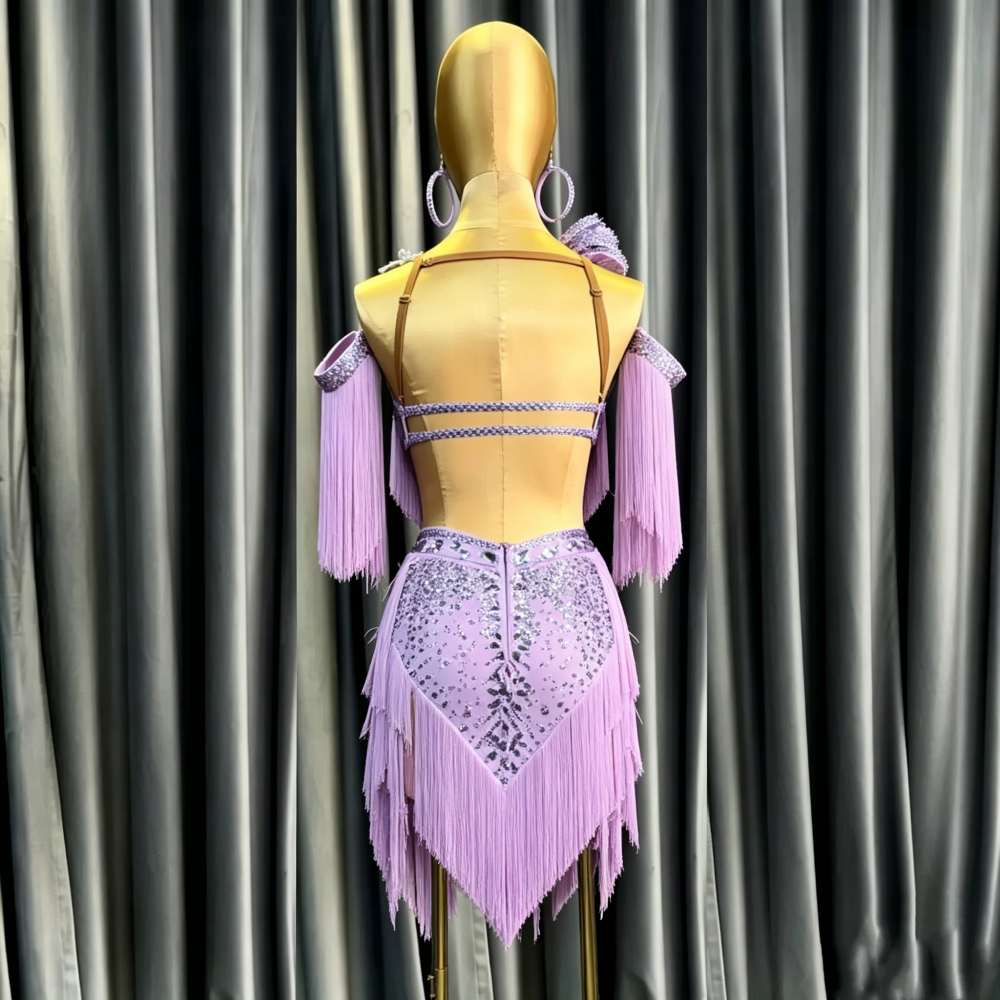 Custom Turquoise & Orange  Latin Competition Dress Sparkling Fringe Tassel Style