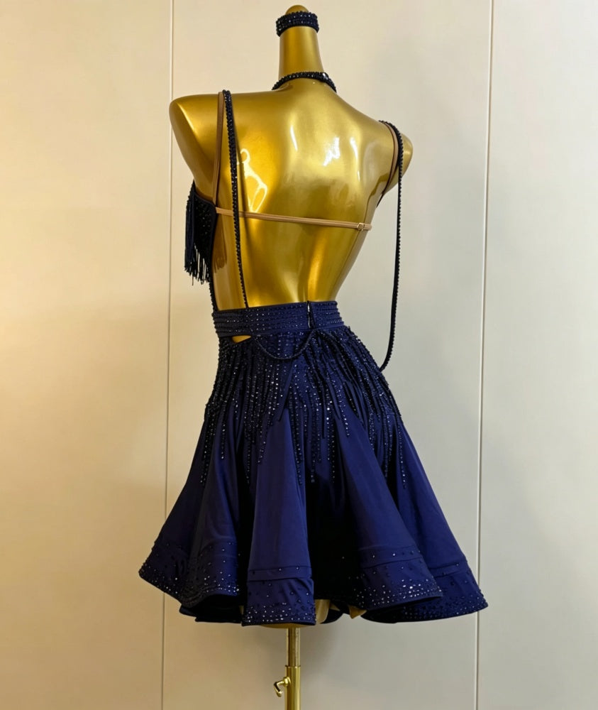 Custom Navy Blue Latin Dance Dress Competition Rhythm & Salsa Fringe Gown