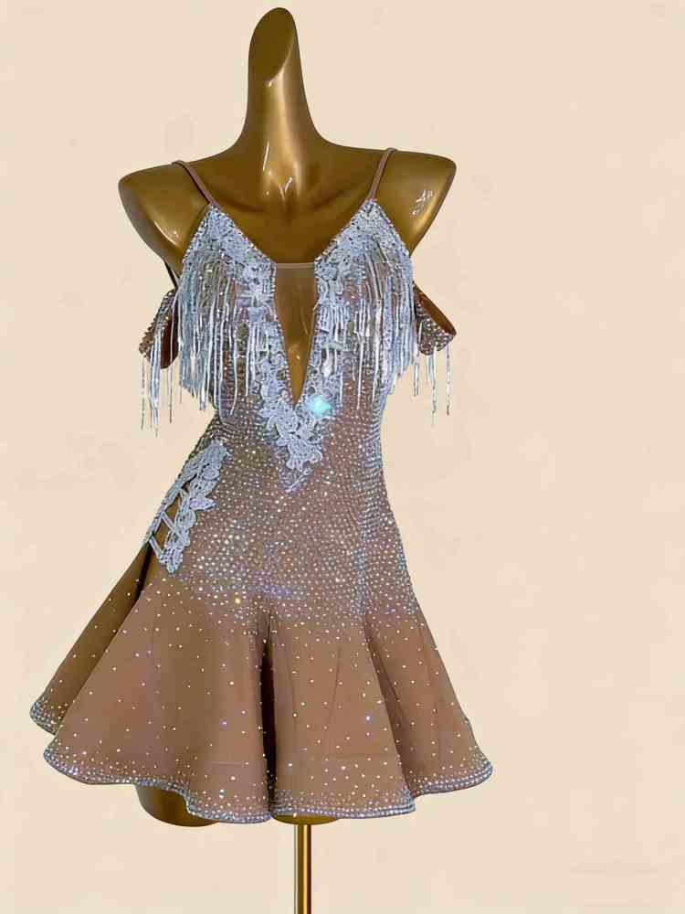 Custom Size Women's Flesh Latin Dance Dresses Salsa Rumba Chacha Performance Costumes